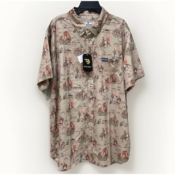 Burlebo Button Up Shirt Mens Sz Large Short Sleeve Cowboy Up Western Khaki - Picture 1 of 5